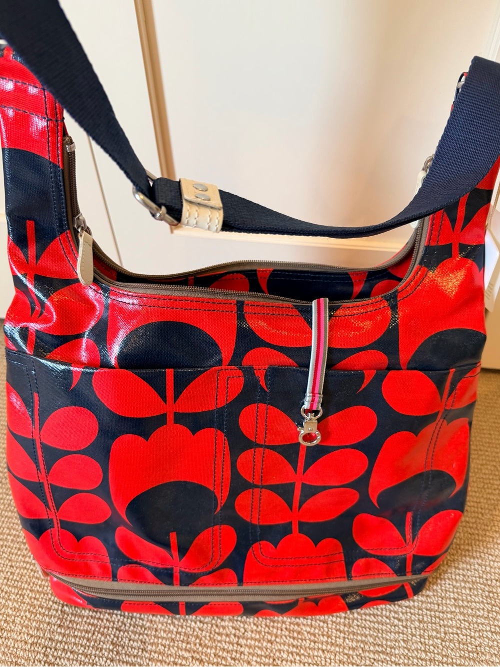 Orla Kiely Red and Navy Stem Patterned Shoulder Messenger Bag with Strap - Picture 2 of 8